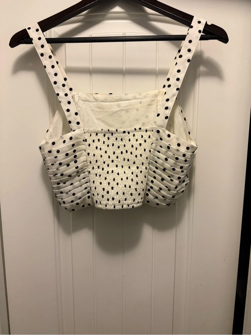 Express White and Black Polka Dot Ruched Crop Camisole